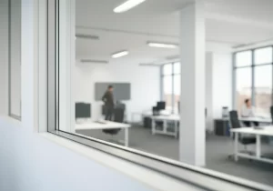 Modern frameless glass window in bright interior