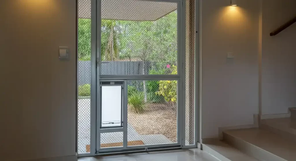 A secure dog door built into a metal security screen
