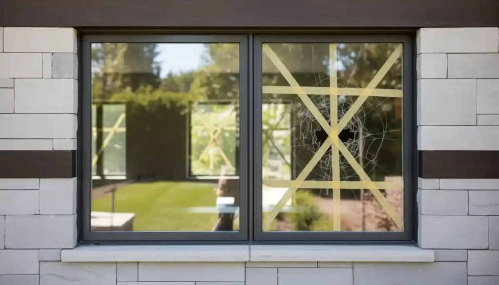 newly installed clear glass window panel beside a broken, cracked window