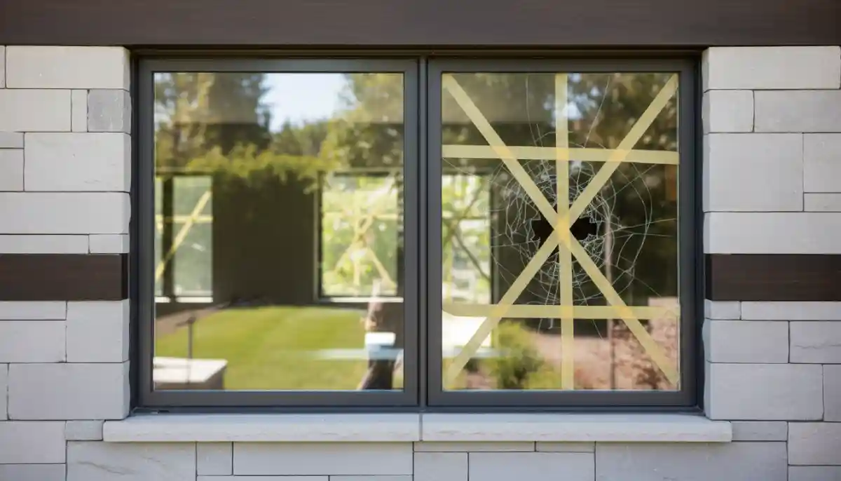newly installed clear glass window panel beside a broken, cracked window