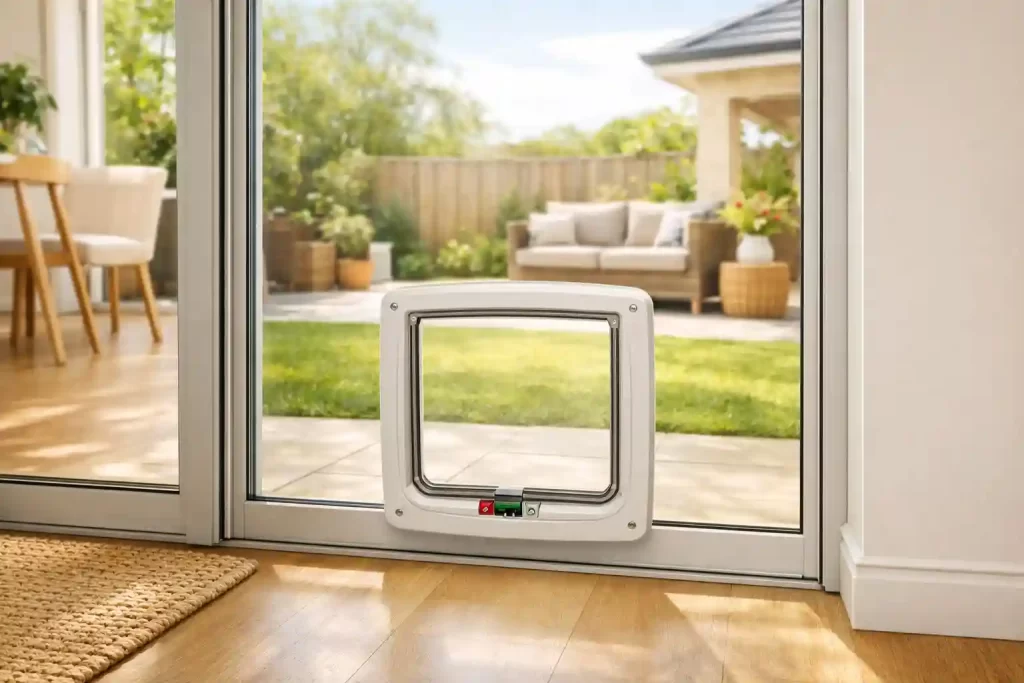 pet door built into clear toughened glass