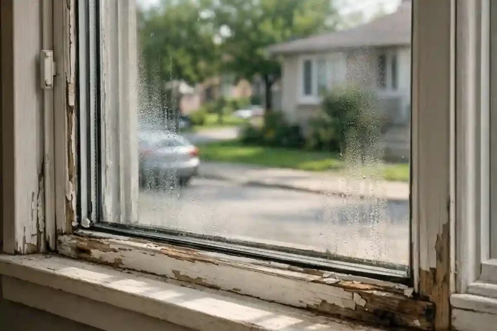 double-pane house window with cracked seals