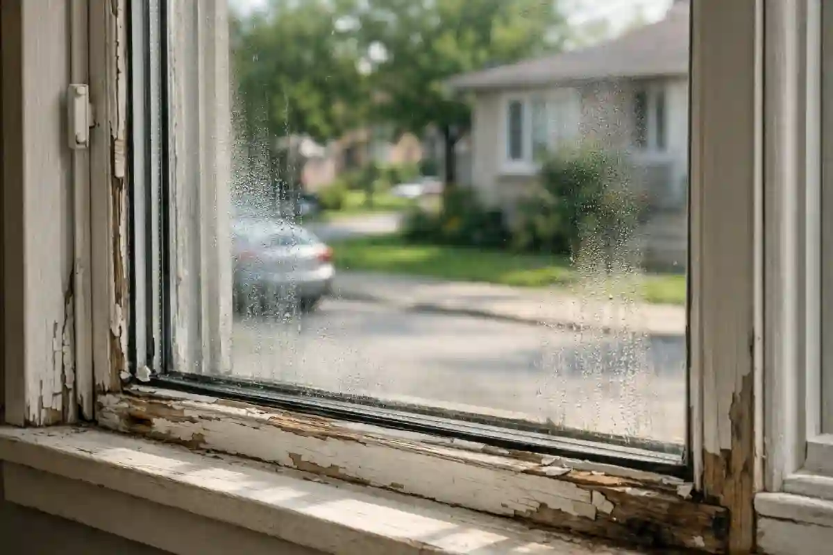 double-pane house window with cracked seals